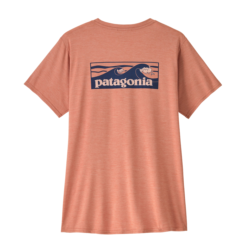 Patagonia Women's Capilene Cool Daily Graphic Shirt - Waters Boardshort Logo Tones: Moment Pink X-Dye