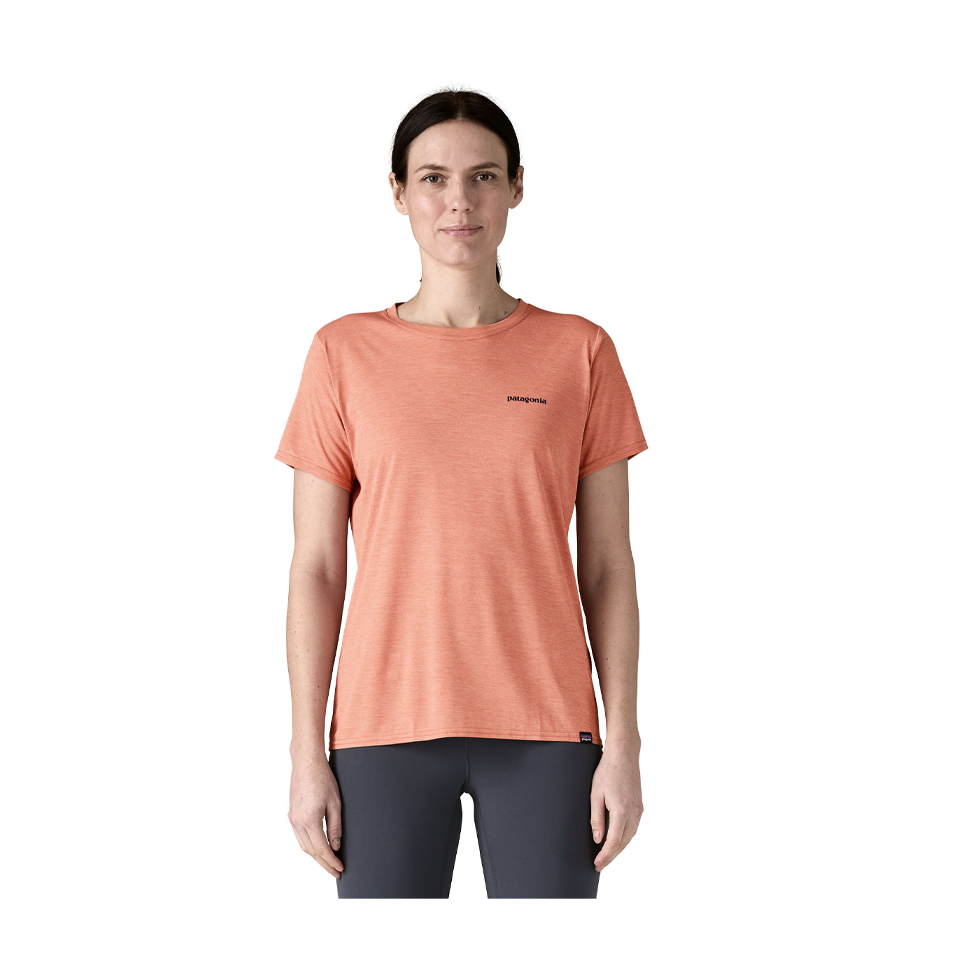 Patagonia Women's Capilene Cool Daily Graphic Shirt - Waters Boardshort Logo Tones: Moment Pink X-Dye