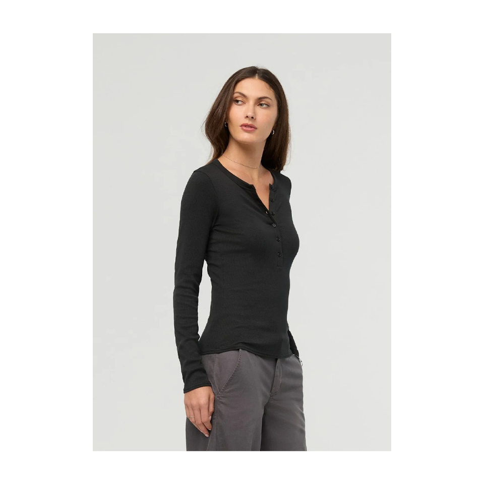 DUER Women's Ribbed Pima Long Sleeve Henley Black