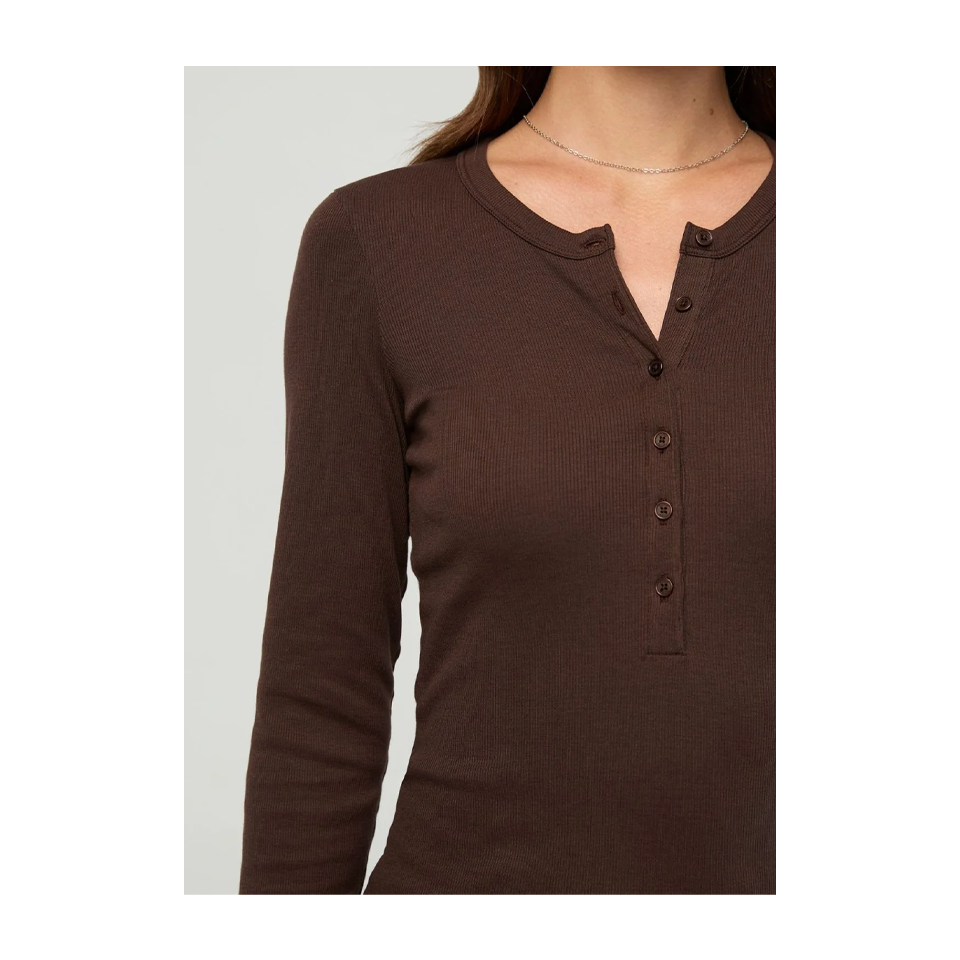 DUER Women's Ribbed Pima Long Sleeve Henley Espresso