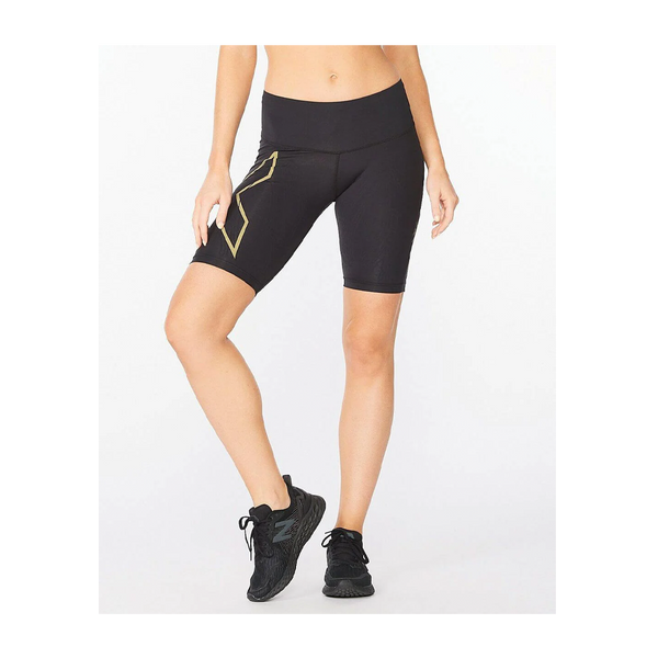 2XU Women's Light Speed Mid-Rise Compression Shorts Black/Gold Reflective