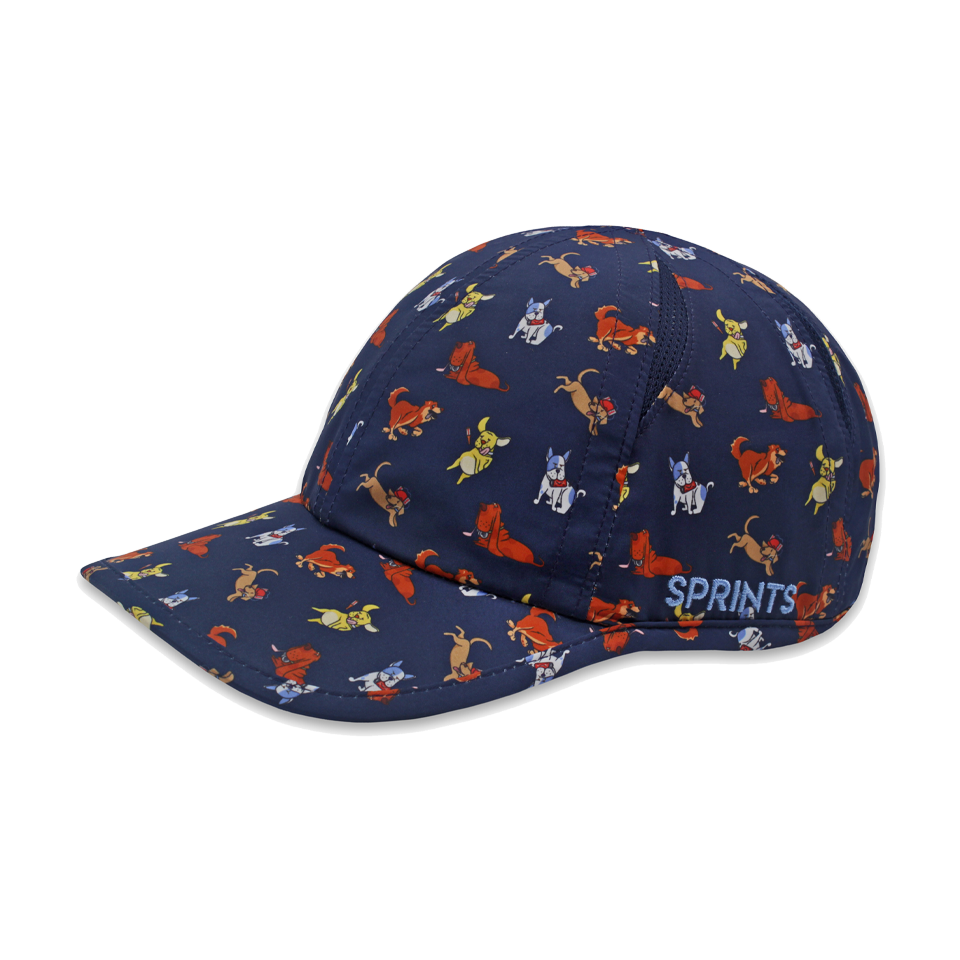 Navy blue cap with colorful dog pattern and 'Sprints' branding on a white background