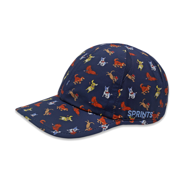 Navy blue cap with colorful dog pattern and 'Sprints' branding on a white background