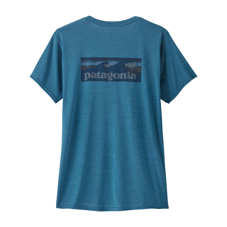 Patagonia Women's Capilene Cool Daily Graphic Shirt - Waters Boardshort Logo: Wavy Blue X-Dye