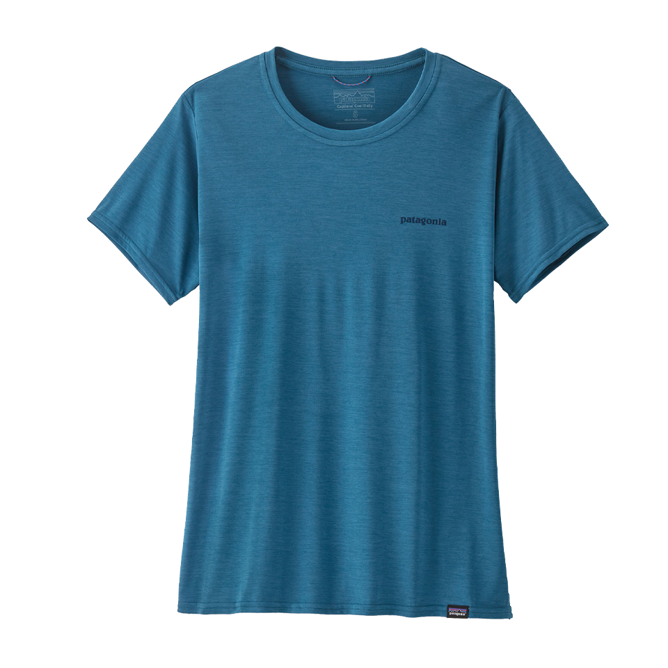 Patagonia Women's Capilene Cool Daily Graphic Shirt - Waters Boardshort Logo: Wavy Blue X-Dye