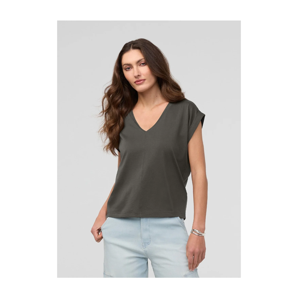 DUER Women's PurePima Dolman V-Neck Evergreen