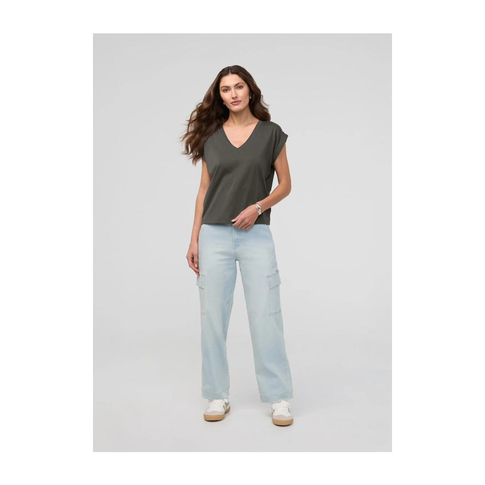 DUER Women's PurePima Dolman V-Neck Evergreen