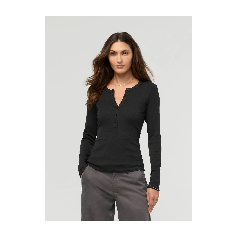 DUER Women's Ribbed Pima Long Sleeve Henley Black