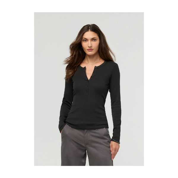 DUER Women's Ribbed Pima Long Sleeve Henley Black