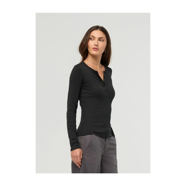 DUER Women's Ribbed Pima Long Sleeve Henley Black