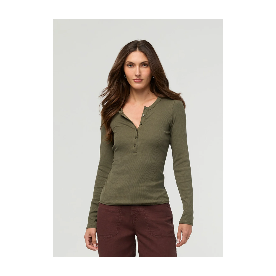 DUER Women's Ribbed Pima Long Sleeve Henley Kelp Main image