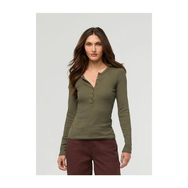 DUER Women's Ribbed Pima Long Sleeve Henley Kelp