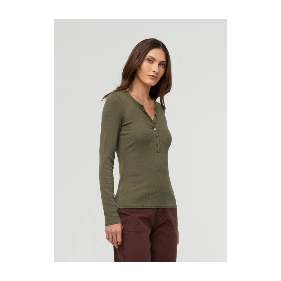 DUER Women's Ribbed Pima Long Sleeve Henley Kelp