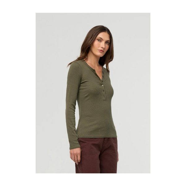 DUER Women's Ribbed Pima Long Sleeve Henley Kelp