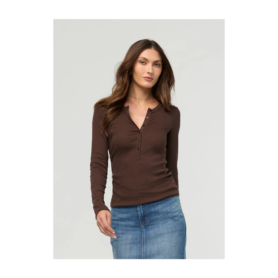 DUER Women's Ribbed Pima Long Sleeve Henley Espresso
