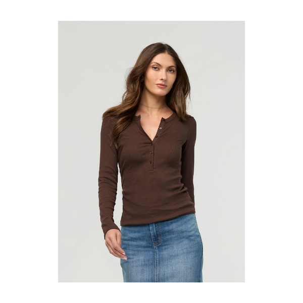 DUER Women's Ribbed Pima Long Sleeve Henley Espresso