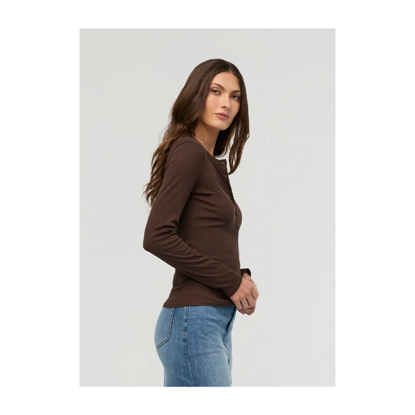 DUER Women's Ribbed Pima Long Sleeve Henley Espresso