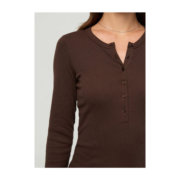DUER Women's Ribbed Pima Long Sleeve Henley Espresso