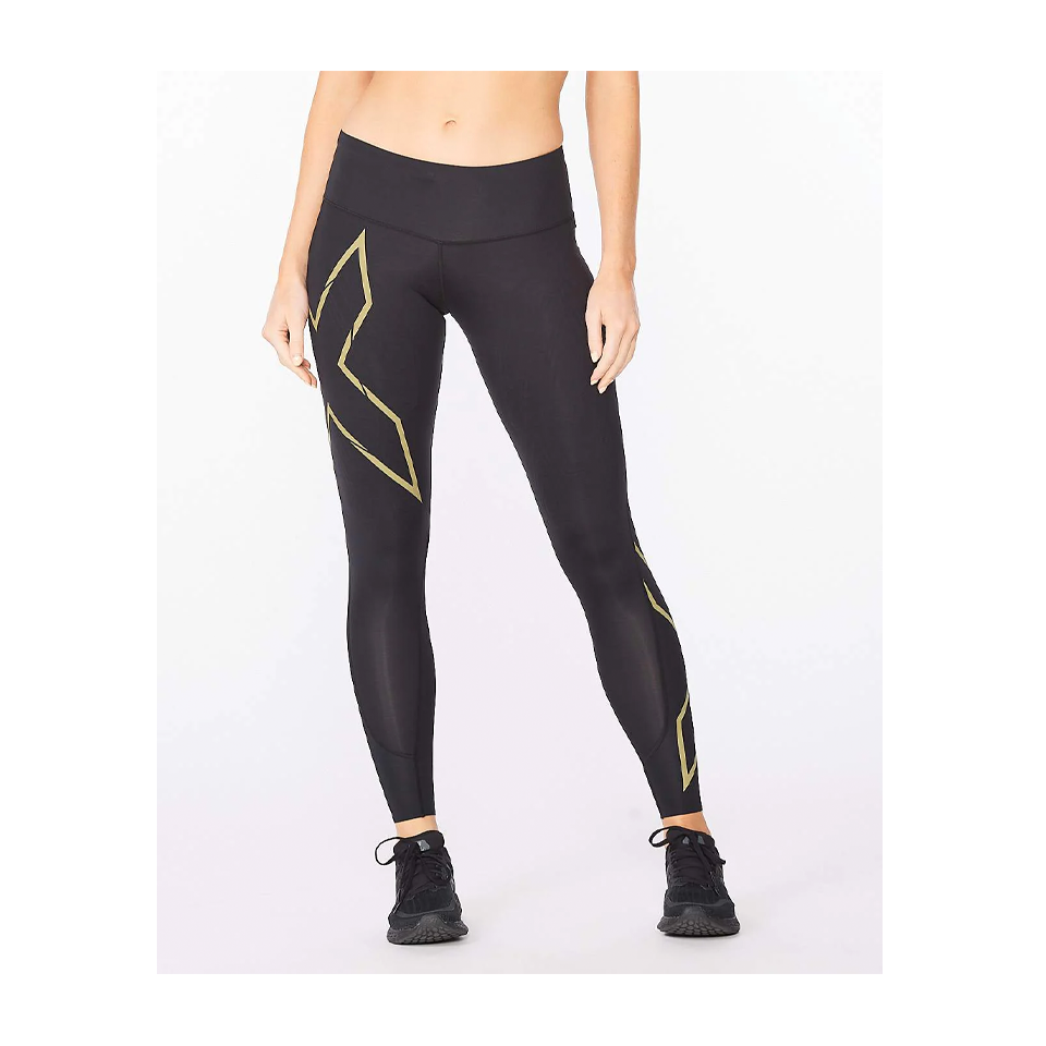 2XU Women's Light Speed Mid-Rise Compression Tights Black/Gold Reflective Main image