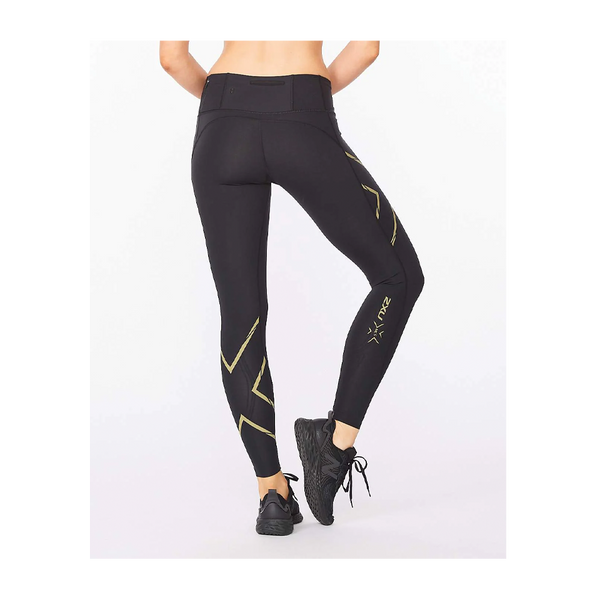 2XU Women's Light Speed Mid-Rise Compression Tights Black/Gold Reflective
