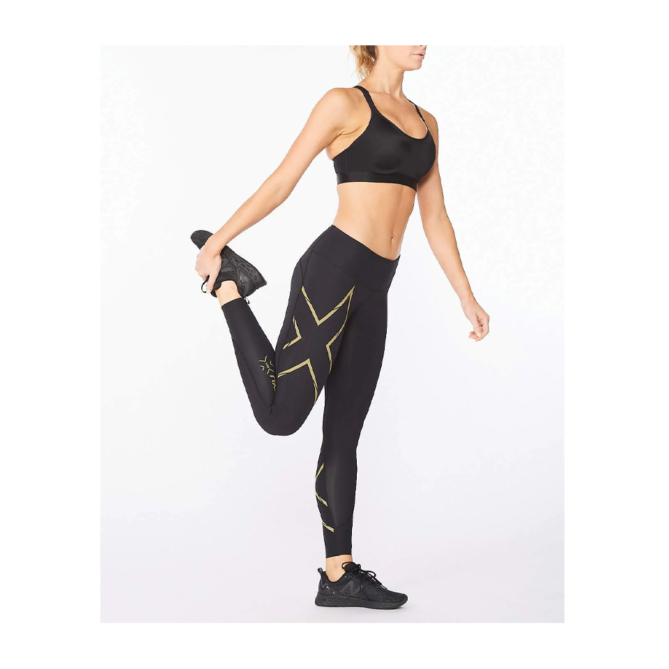 2XU Women's Light Speed Mid-Rise Compression Tights Black/Gold Reflective
