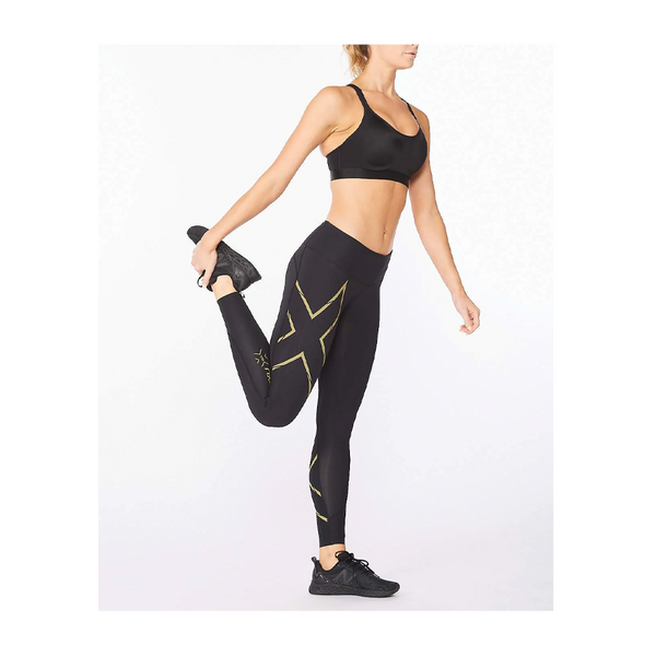 2XU Women's Light Speed Mid-Rise Compression Tights Black/Gold Reflective