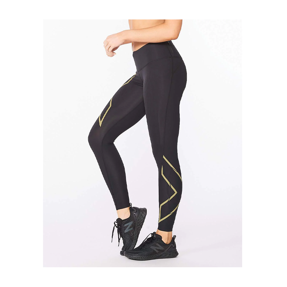 2XU Women's Light Speed Mid-Rise Compression Tights Black/Gold Reflective
