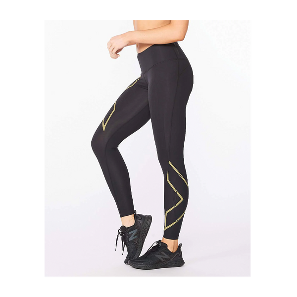 2XU Women's Light Speed Mid-Rise Compression Tights Black/Gold Reflective