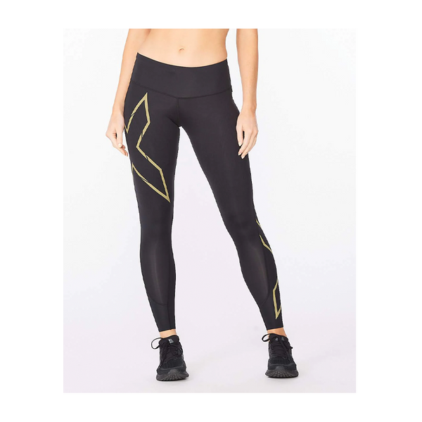 2XU Women's Light Speed Mid-Rise Compression Tights Black/Gold Reflective